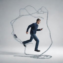 Generate a conceptual piece illustrating a person escaping from cyberspace. Include symbolic elements such as digital chains breaking and the individual stepping out of a computer or smartphone screen into the real world.