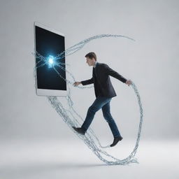 Generate a conceptual piece illustrating a person escaping from cyberspace. Include symbolic elements such as digital chains breaking and the individual stepping out of a computer or smartphone screen into the real world.