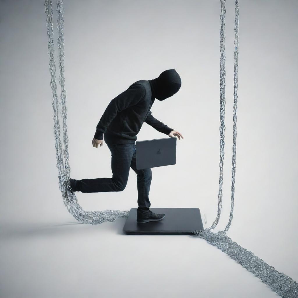 Generate a conceptual piece illustrating a person escaping from cyberspace. Include symbolic elements such as digital chains breaking and the individual stepping out of a computer or smartphone screen into the real world.