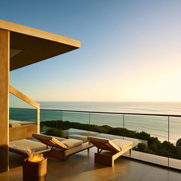 An exquisite architectural scene of a balcony with a breathtaking ocean view, featuring a see-through glass balustrade and two stylish sun chairs basking in the ambient light.