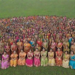 A vibrant scene of 300 women dressed in colorful Indian costumes, posing for a group picture in a lush green field, with a single man standing prominently at the center.