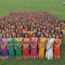 A vibrant scene of 300 women dressed in colorful Indian costumes, posing for a group picture in a lush green field, with a single man standing prominently at the center.