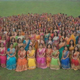 A vibrant scene of 300 women dressed in colorful Indian costumes, posing for a group picture in a lush green field, with a single man standing prominently at the center.