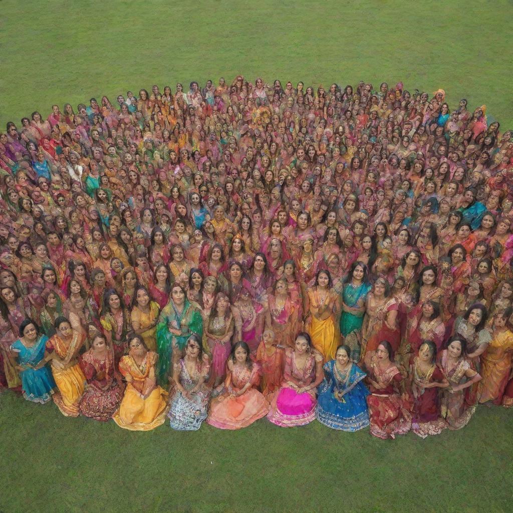 A vibrant scene of 300 women dressed in colorful Indian costumes, posing for a group picture in a lush green field, with a single man standing prominently at the center.