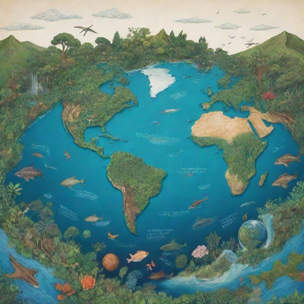 A visually impactful poster featuring Earth, lush greenery, and clear waters, embellished with illustrations portraying environmental issues such as deforestation, pollution, and climate change. Powerful words promoting sustainability and conservation are prominently displayed.