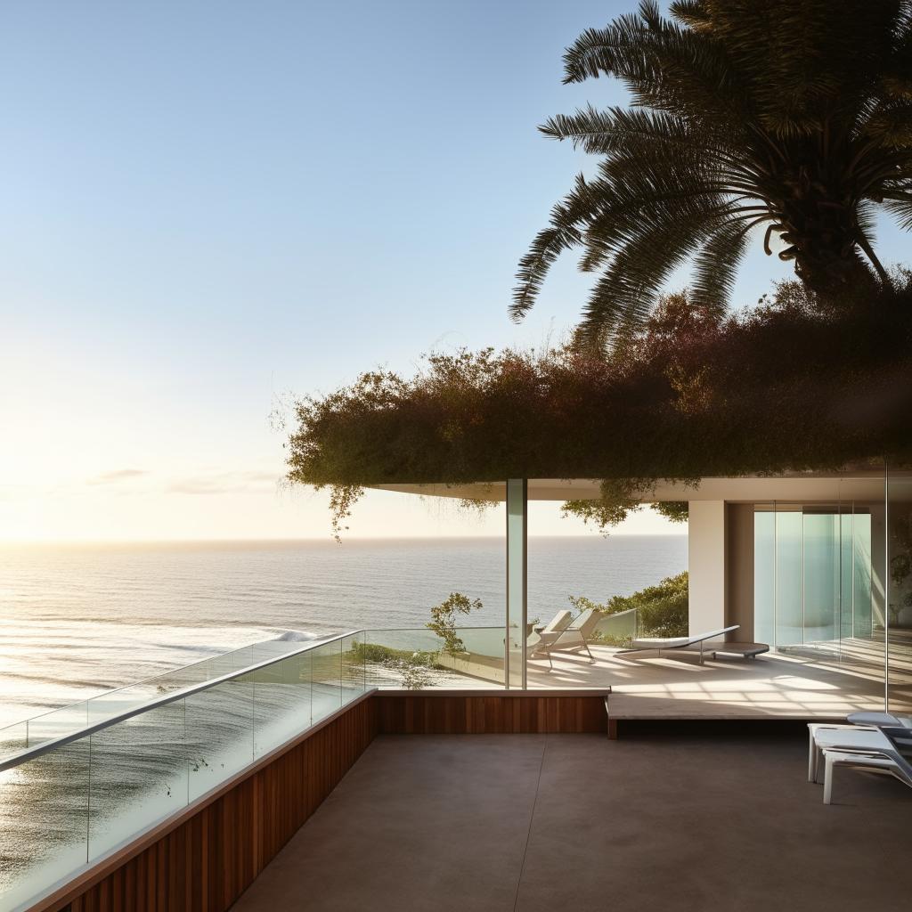 An exquisite architectural scene of a balcony with a breathtaking ocean view, featuring a see-through glass balustrade and two stylish sun chairs basking in the ambient light.