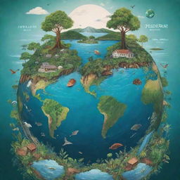 A visually impactful poster featuring Earth, lush greenery, and clear waters, embellished with illustrations portraying environmental issues such as deforestation, pollution, and climate change. Powerful words promoting sustainability and conservation are prominently displayed.