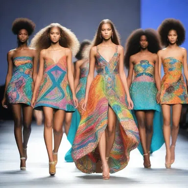 The fashion show featured dresses with vibrant colors and intricate patterns that seemed to vibrate with energy.