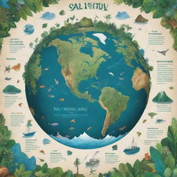 A visually impactful poster featuring Earth, lush greenery, and clear waters, embellished with illustrations portraying environmental issues such as deforestation, pollution, and climate change. Powerful words promoting sustainability and conservation are prominently displayed.