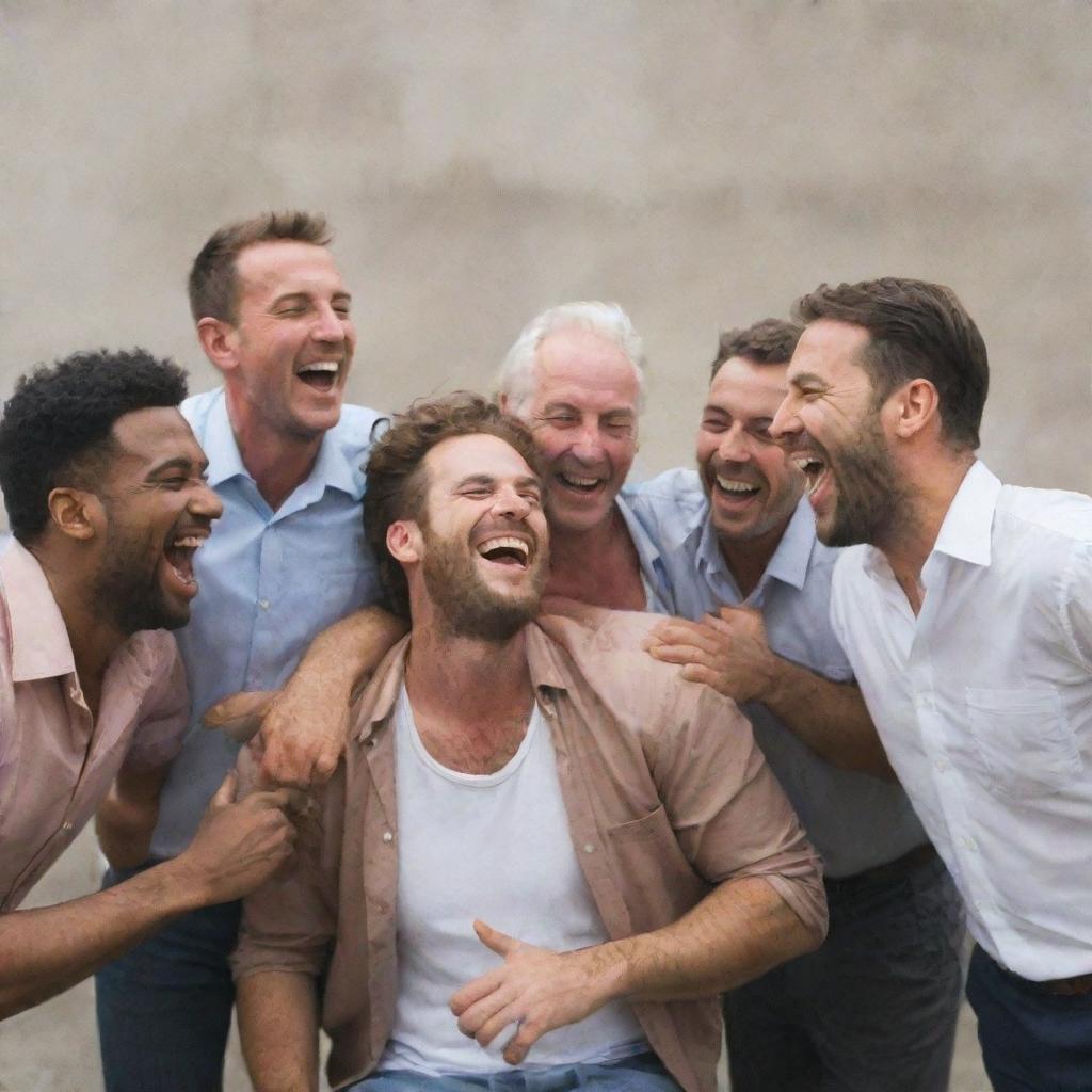 A lively scene of a group of men sharing a hearty laugh together