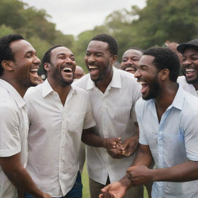 A lively scene of a group of men sharing a hearty laugh together