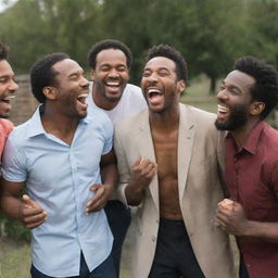 A lively scene of a group of men sharing a hearty laugh together