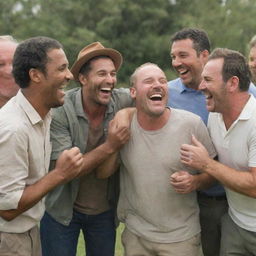 A lively scene of a group of men sharing a hearty laugh together