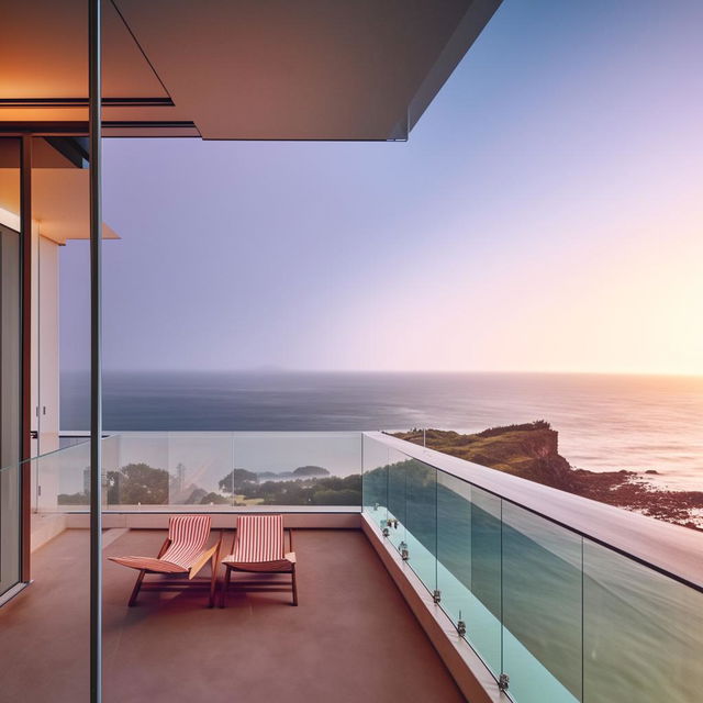 An exquisite architectural scene of a balcony with a breathtaking ocean view, featuring a see-through glass balustrade and two stylish sun chairs basking in the ambient light.