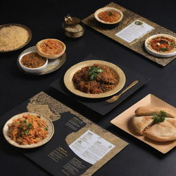 Fast food restaurant menu that merges traditional Iranian design elements with a modern twist, using a rich palette of black and gold, featuring various quick and mouthwatering Persian dishes.