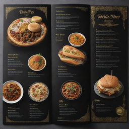 Fast food restaurant menu that merges traditional Iranian design elements with a modern twist, using a rich palette of black and gold, featuring various quick and mouthwatering Persian dishes.