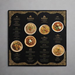 Fast food restaurant menu that merges traditional Iranian design elements with a modern twist, using a rich palette of black and gold, featuring various quick and mouthwatering Persian dishes.