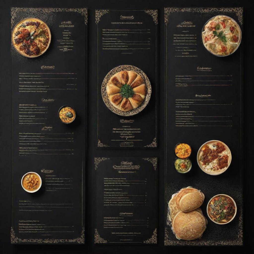 Fast food restaurant menu that merges traditional Iranian design elements with a modern twist, using a rich palette of black and gold, featuring various quick and mouthwatering Persian dishes.