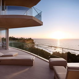 An exquisite architectural scene of a balcony with a breathtaking ocean view, featuring a see-through glass balustrade and two stylish sun chairs basking in the ambient light.