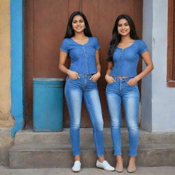 Two modern girls named Vandana and Gungun, both stylishly dressed in fitting blue jeans and tops, set against a charming background.