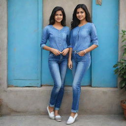 Two modern girls named Vandana and Gungun, both stylishly dressed in fitting blue jeans and tops, set against a charming background.