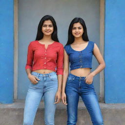 Two modern girls named Vandana and Gungun, both stylishly dressed in fitting blue jeans and tops, set against a charming background.