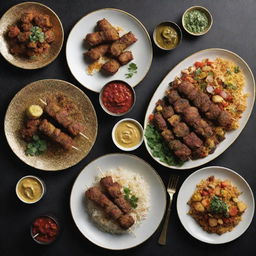 A specialized menu featuring Iranian-style fried kebabs, highlighted with vivid images of succulent kebabs served with traditional sides, within a stylish design that fuses black and gold tones with authentic Iranian motifs.