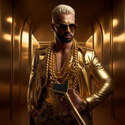 Transform the man in the scenario into a high-fashion figure, complete with gold chain, sunglasses. In the background, hang a golden AK-47 on the wall.