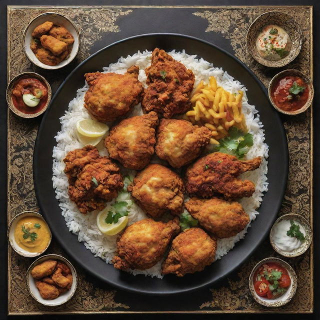 A menu dedicated solely to Iranian-style fried chicken, featuring colorful images of mouth-watering, crispy chicken in different preparations, set on a backdrop of traditional Iranian design in black and gold.