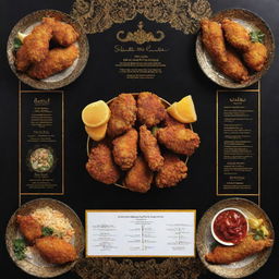 A menu dedicated solely to Iranian-style fried chicken, featuring colorful images of mouth-watering, crispy chicken in different preparations, set on a backdrop of traditional Iranian design in black and gold.