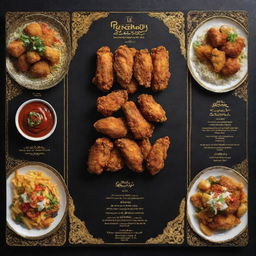 A menu dedicated solely to Iranian-style fried chicken, featuring colorful images of mouth-watering, crispy chicken in different preparations, set on a backdrop of traditional Iranian design in black and gold.