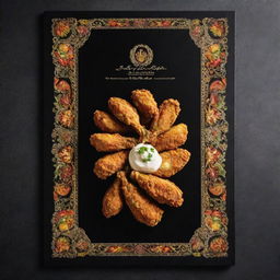 A menu dedicated solely to Iranian-style fried chicken, featuring colorful images of mouth-watering, crispy chicken in different preparations, set on a backdrop of traditional Iranian design in black and gold.