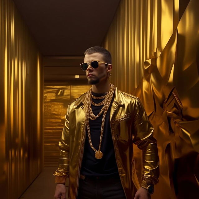 Transform the man in the scenario into a high-fashion figure, complete with gold chain, sunglasses. In the background, hang a golden AK-47 on the wall.