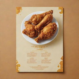 A menu showcasing kilo servings of fried chicken, with vibrant depictions of crispy golden chicken, available in different flavors and styles, set against a minimalist yet enticing design backdrop.