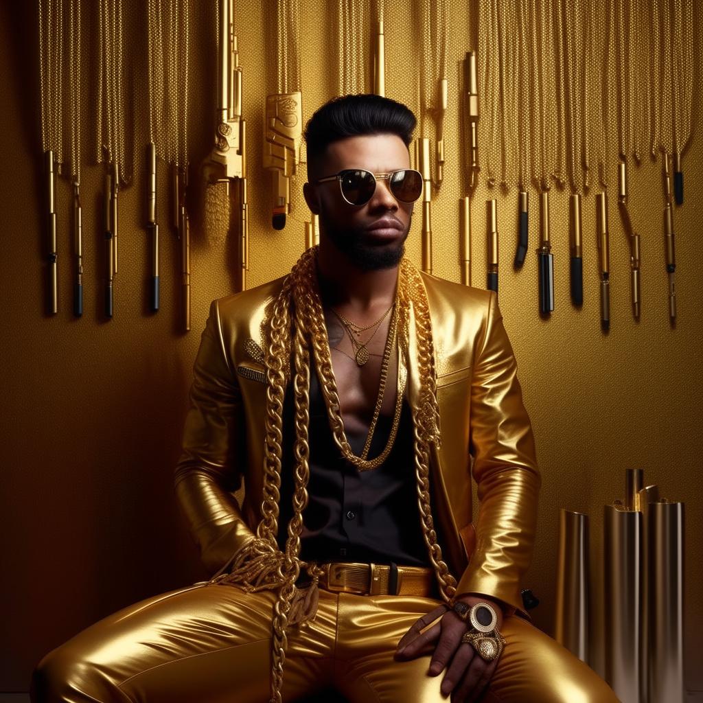 Transform the man in the scenario into a high-fashion figure, complete with gold chain, sunglasses. In the background, hang a golden AK-47 on the wall.