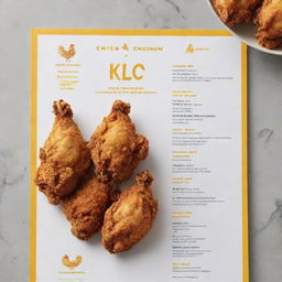 A menu showcasing kilo servings of fried chicken, with vibrant depictions of crispy golden chicken, available in different flavors and styles, set against a minimalist yet enticing design backdrop.