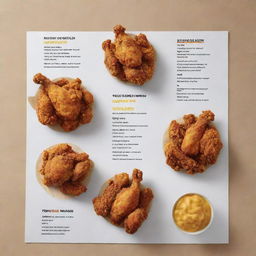 A menu showcasing kilo servings of fried chicken, with vibrant depictions of crispy golden chicken, available in different flavors and styles, set against a minimalist yet enticing design backdrop.