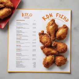 A menu showcasing kilo servings of fried chicken, with vibrant depictions of crispy golden chicken, available in different flavors and styles, set against a minimalist yet enticing design backdrop.