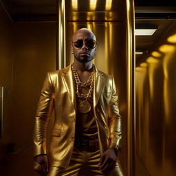 Transform the man in the scenario into a high-fashion figure, complete with gold chain, sunglasses. In the background, hang a golden AK-47 on the wall.