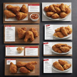 An updated, stylish fried chicken menu showcasing a variety of options for crispy chicken, all portrayed with high-definition, appealing images within a modern, sleek design