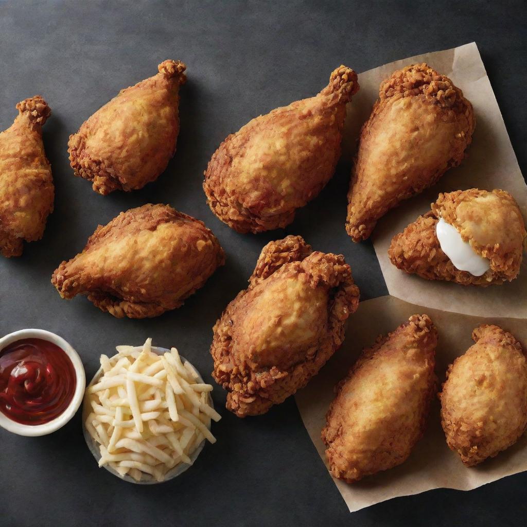 An updated, stylish fried chicken menu showcasing a variety of options for crispy chicken, all portrayed with high-definition, appealing images within a modern, sleek design