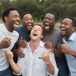 A group of joyous men engaging in hearty laughter