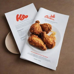 A chic menu for kilo servings of fried chicken. It should include appealing, detailed images of crispy, golden chicken, presented within a stylish, contemporary design.