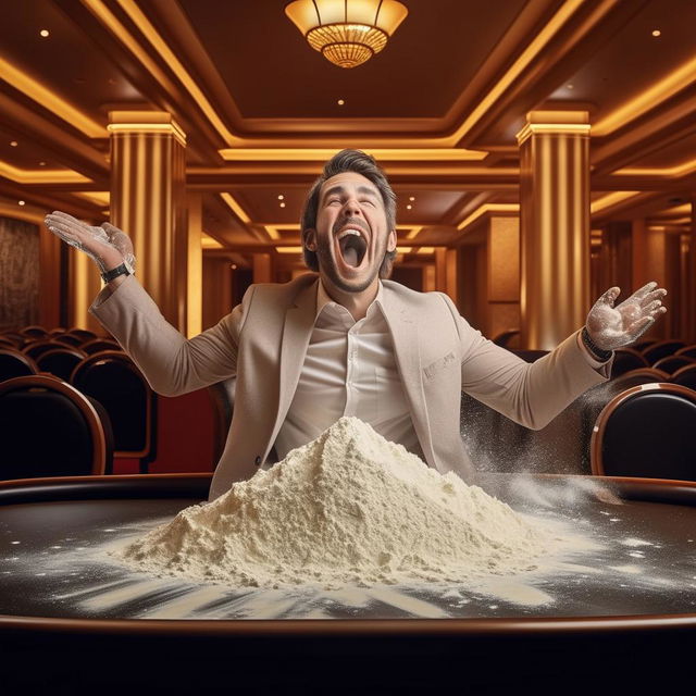 A ecstatic man in an empty casino holding a rolled 100 dollar bill near a mound of baking flour on a table.