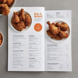 A chic menu for kilo servings of fried chicken. It should include appealing, detailed images of crispy, golden chicken, presented within a stylish, contemporary design.