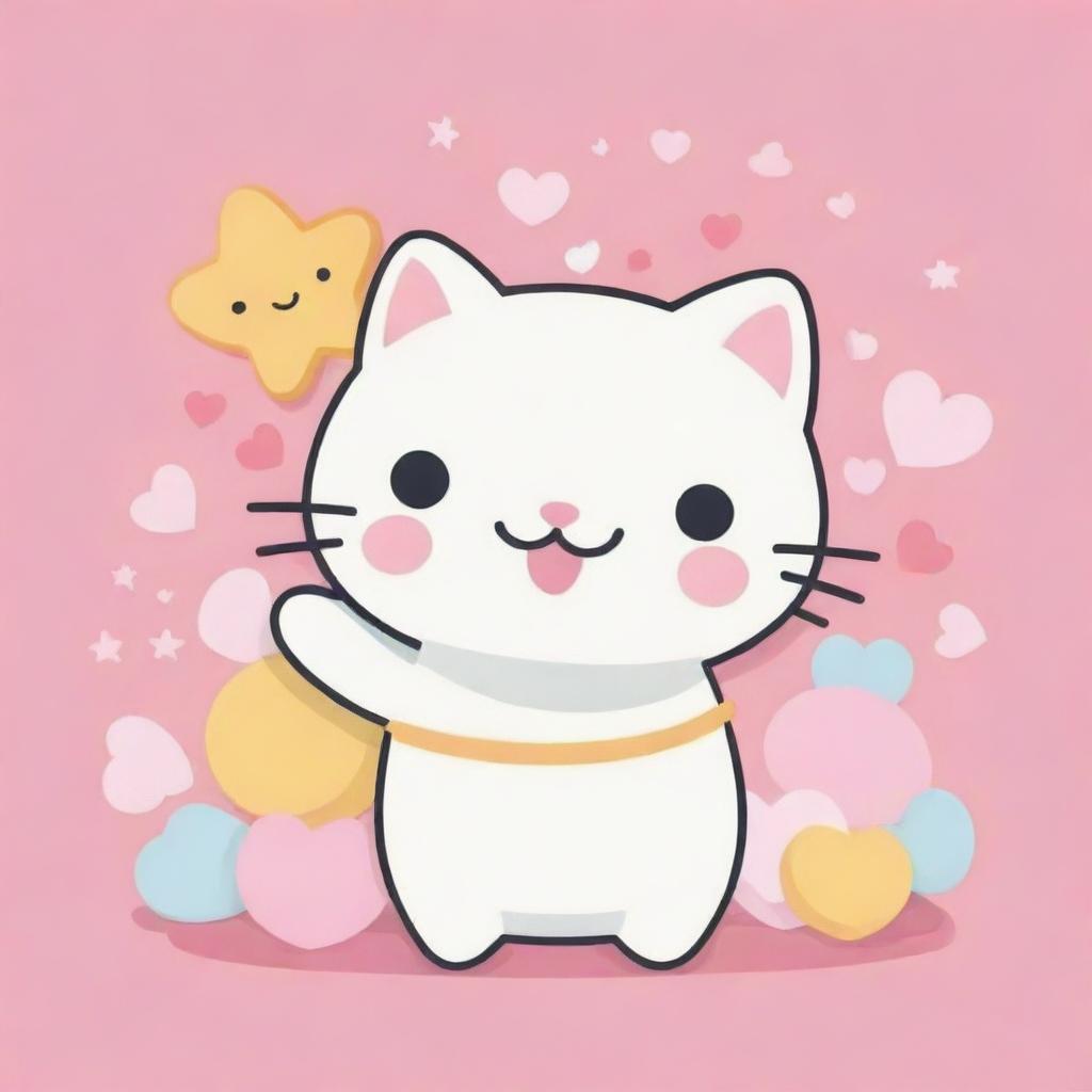 Create a super kawaii flat vector illustration, with bold outlines and pastel colours, featuring a playful cat balancing a ball on its nose, surrounded by hearts and starfish, in the style of Sanrio, Gudetama and Lotte's Niji 5