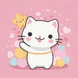 Create a super kawaii flat vector illustration, with bold outlines and pastel colours, featuring a playful cat balancing a ball on its nose, surrounded by hearts and starfish, in the style of Sanrio, Gudetama and Lotte's Niji 5