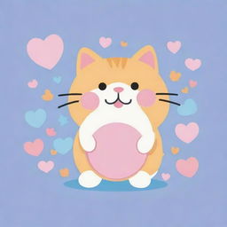 Create a super kawaii flat vector illustration, with bold outlines and pastel colours, featuring a playful cat balancing a ball on its nose, surrounded by hearts and starfish, in the style of Sanrio, Gudetama and Lotte's Niji 5