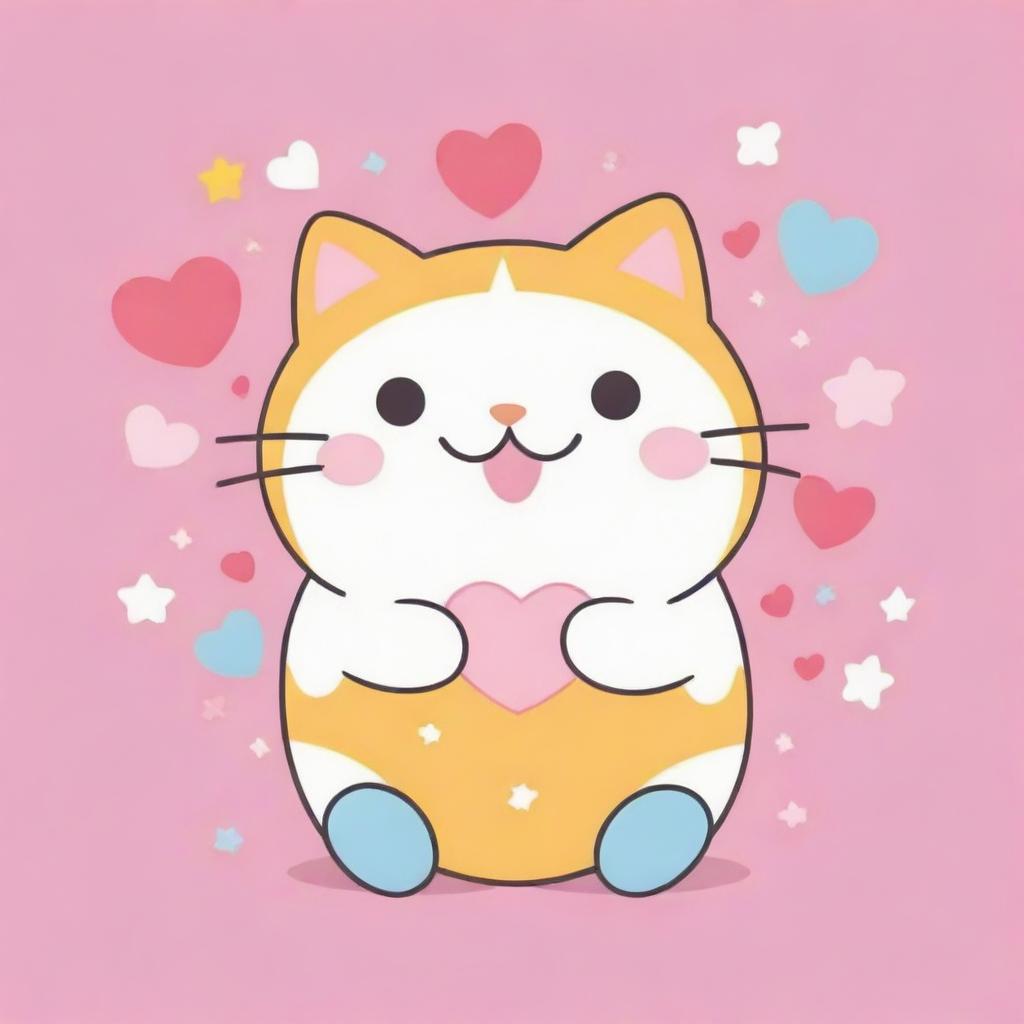 Create a super kawaii flat vector illustration, with bold outlines and pastel colours, featuring a playful cat balancing a ball on its nose, surrounded by hearts and starfish, in the style of Sanrio, Gudetama and Lotte's Niji 5