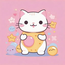 Create a super kawaii flat vector illustration, with bold outlines and pastel colours, featuring a playful cat balancing a ball on its nose, surrounded by hearts and starfish, in the style of Sanrio, Gudetama and Lotte's Niji 5